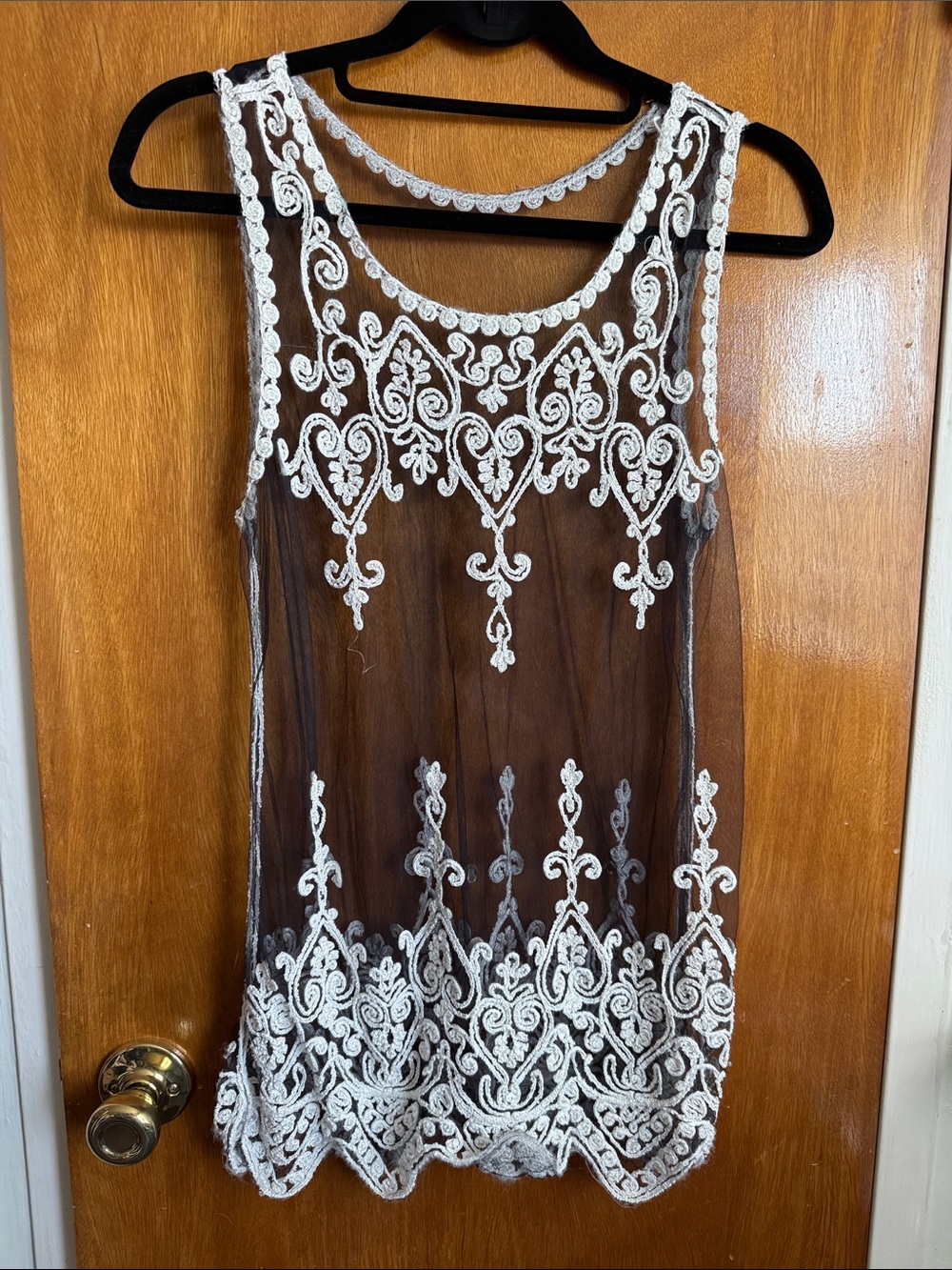 Sheer Black Tank Blouse with White Lace Appliqué